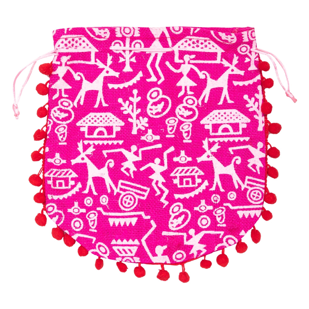 Pink Warli Print Jute Potli Bag with Red Pom-Pom Lace — view 2