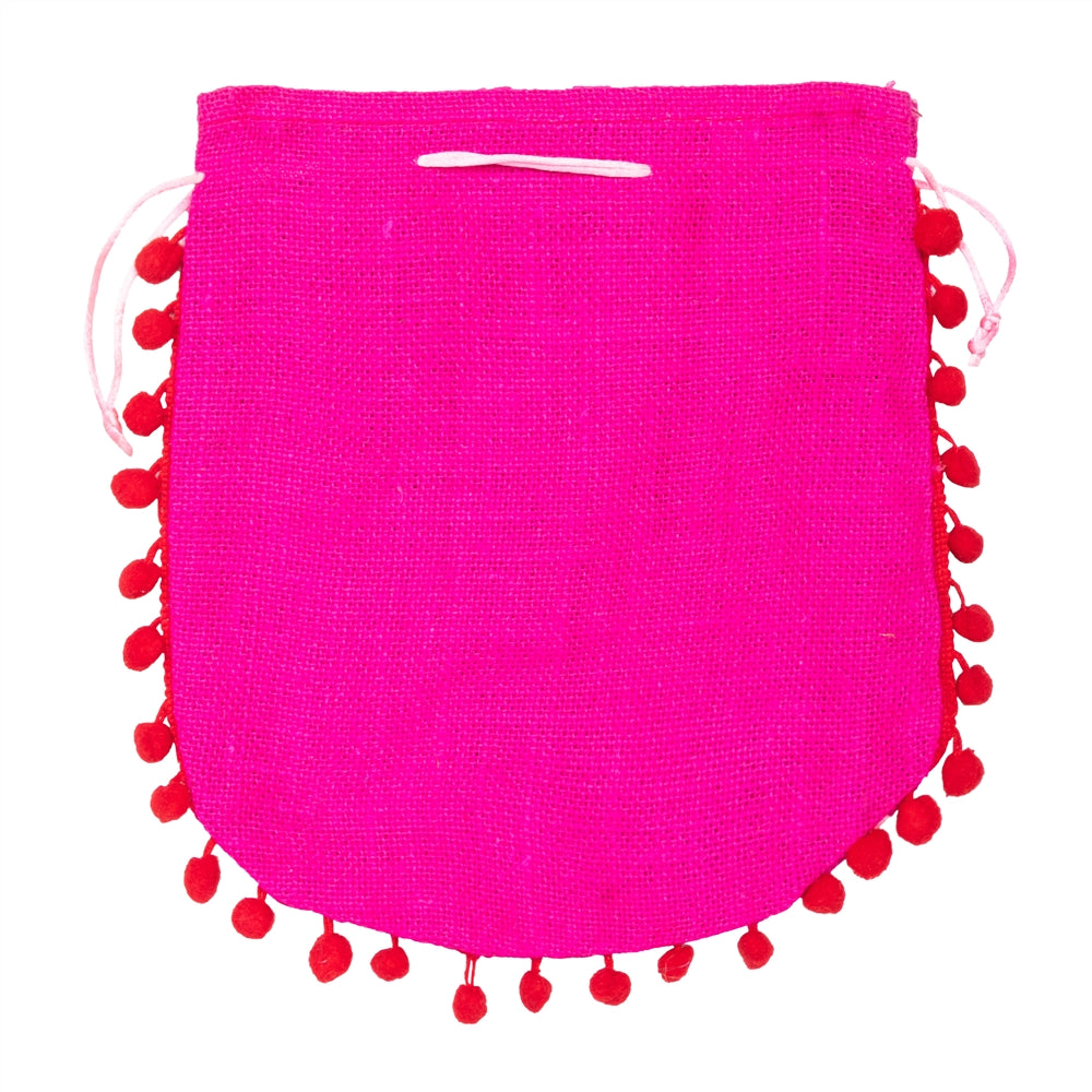 Pink Warli Print Jute Potli Bag with Red Pom-Pom Lace — view 3