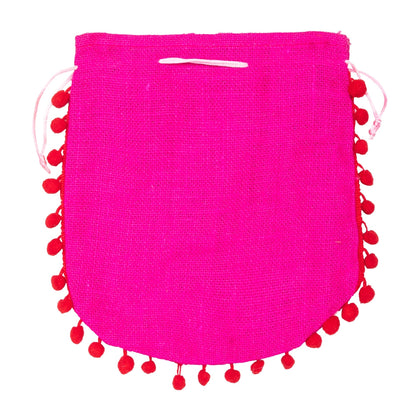 Pink Warli Print Jute Potli Bag with Red Pom-Pom Lace — view 3