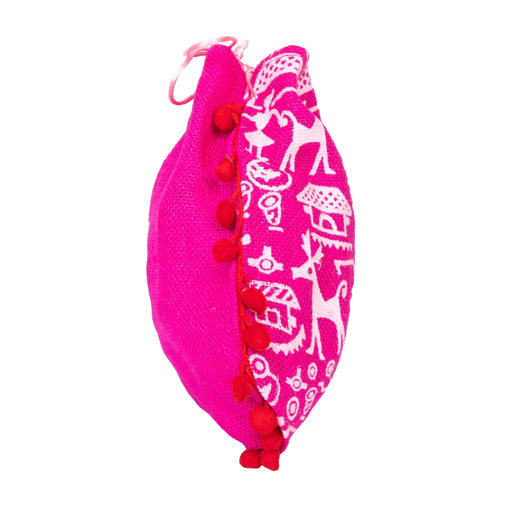Pink Warli Print Jute Potli Bag with Red Pom-Pom Lace — view 4