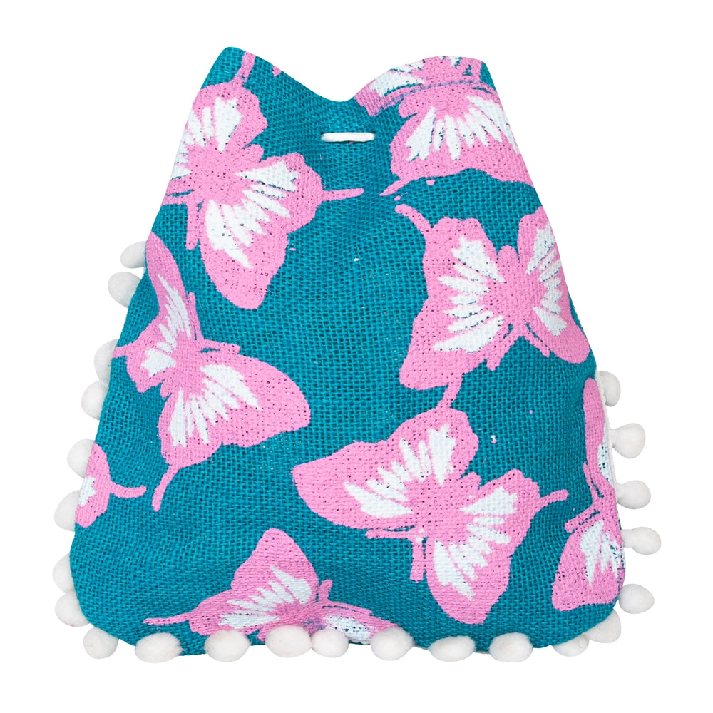 Teal Butterfly Print Jute Potli Bag with White Pom-Pom Lace — view 1