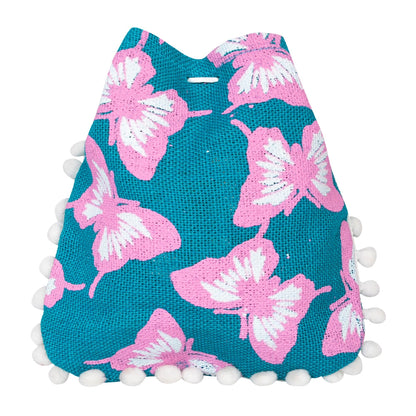 Teal Butterfly Print Jute Potli Bag with White Pom-Pom Lace — view 1