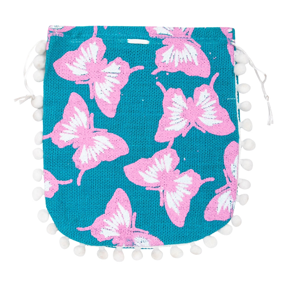 Teal Butterfly Print Jute Potli Bag with White Pom-Pom Lace — view 2