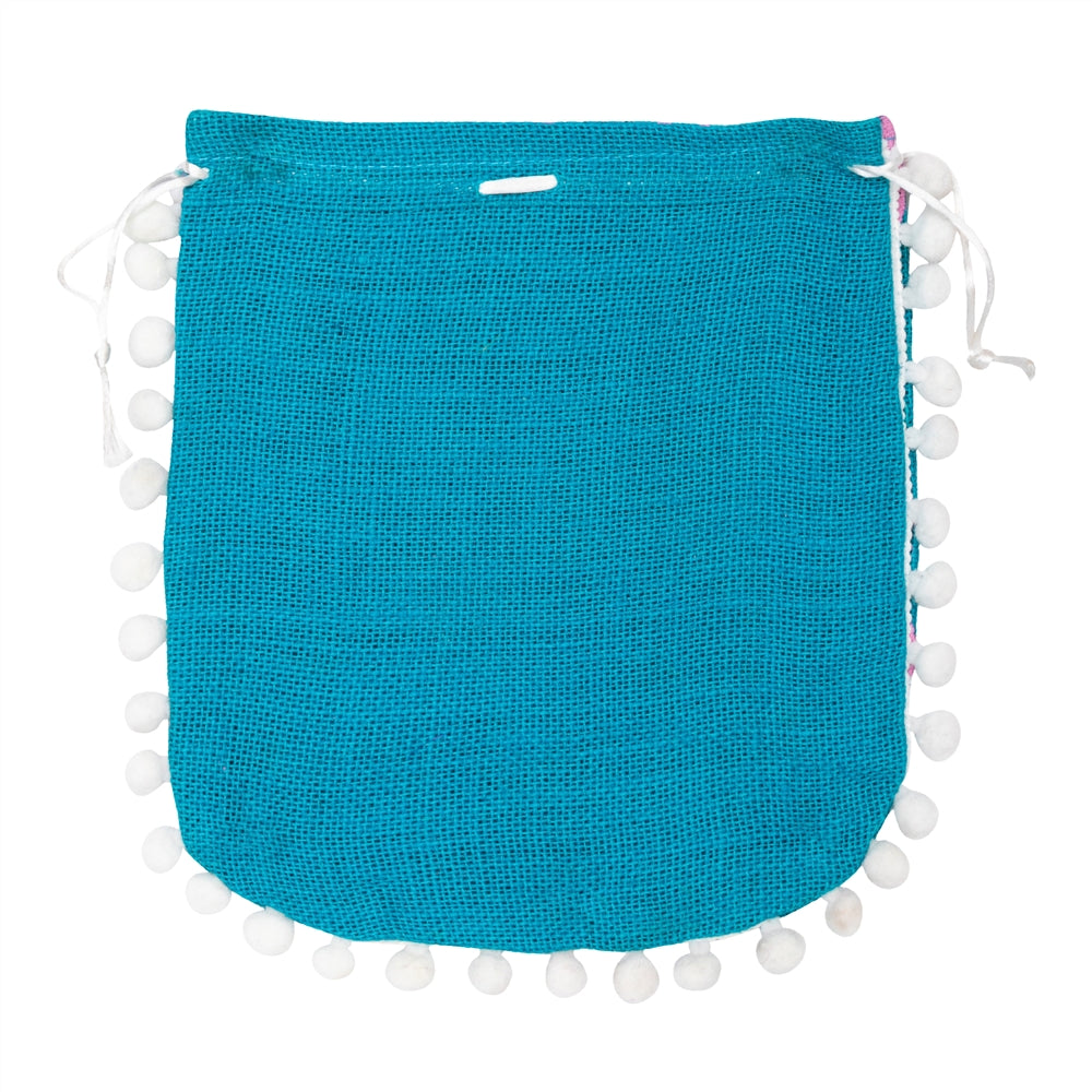 Teal Butterfly Print Jute Potli Bag with White Pom-Pom Lace — view 3