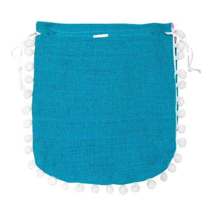 Teal Butterfly Print Jute Potli Bag with White Pom-Pom Lace — view 3