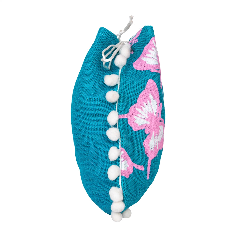 Teal Butterfly Print Jute Potli Bag with White Pom-Pom Lace — view 4