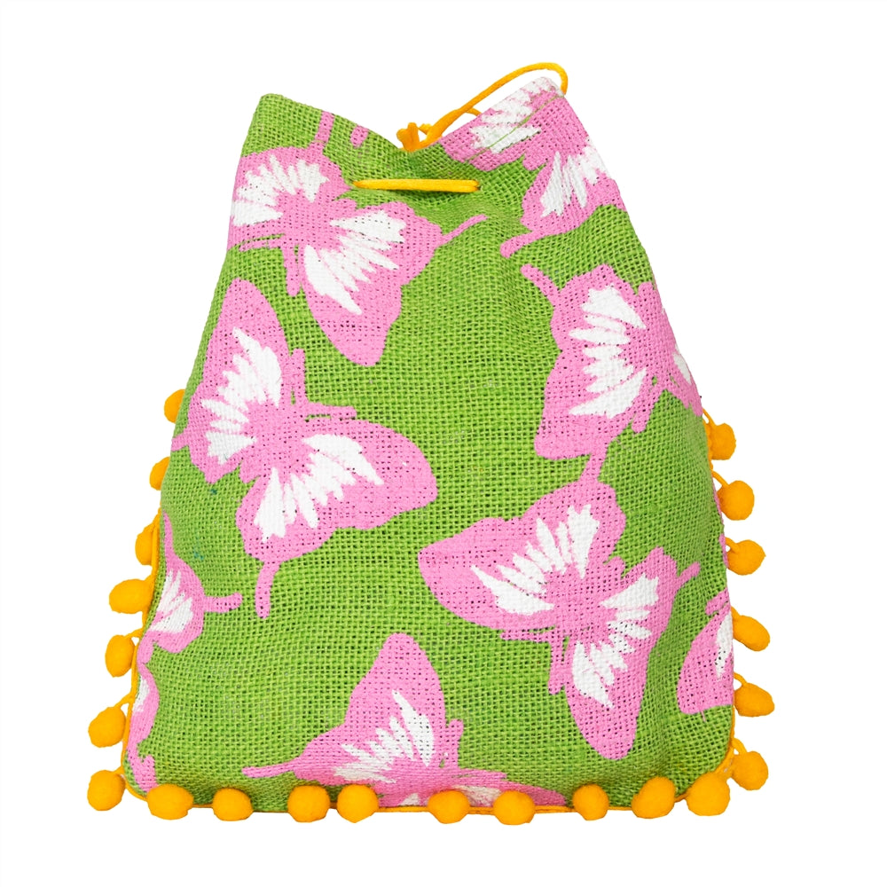 Green Floral Jute Potli Bag with Yellow Pom-Pom Lace — view 1