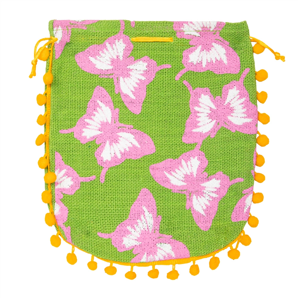 Green Floral Jute Potli Bag with Yellow Pom-Pom Lace — view 2