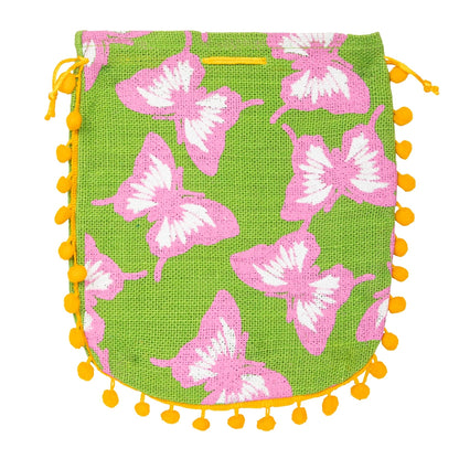 Green Floral Jute Potli Bag with Yellow Pom-Pom Lace — view 2