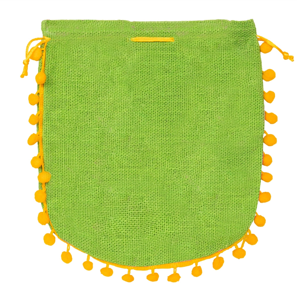 Green Floral Jute Potli Bag with Yellow Pom-Pom Lace — view 3