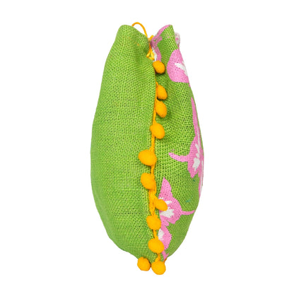 Green Floral Jute Potli Bag with Yellow Pom-Pom Lace — view 4