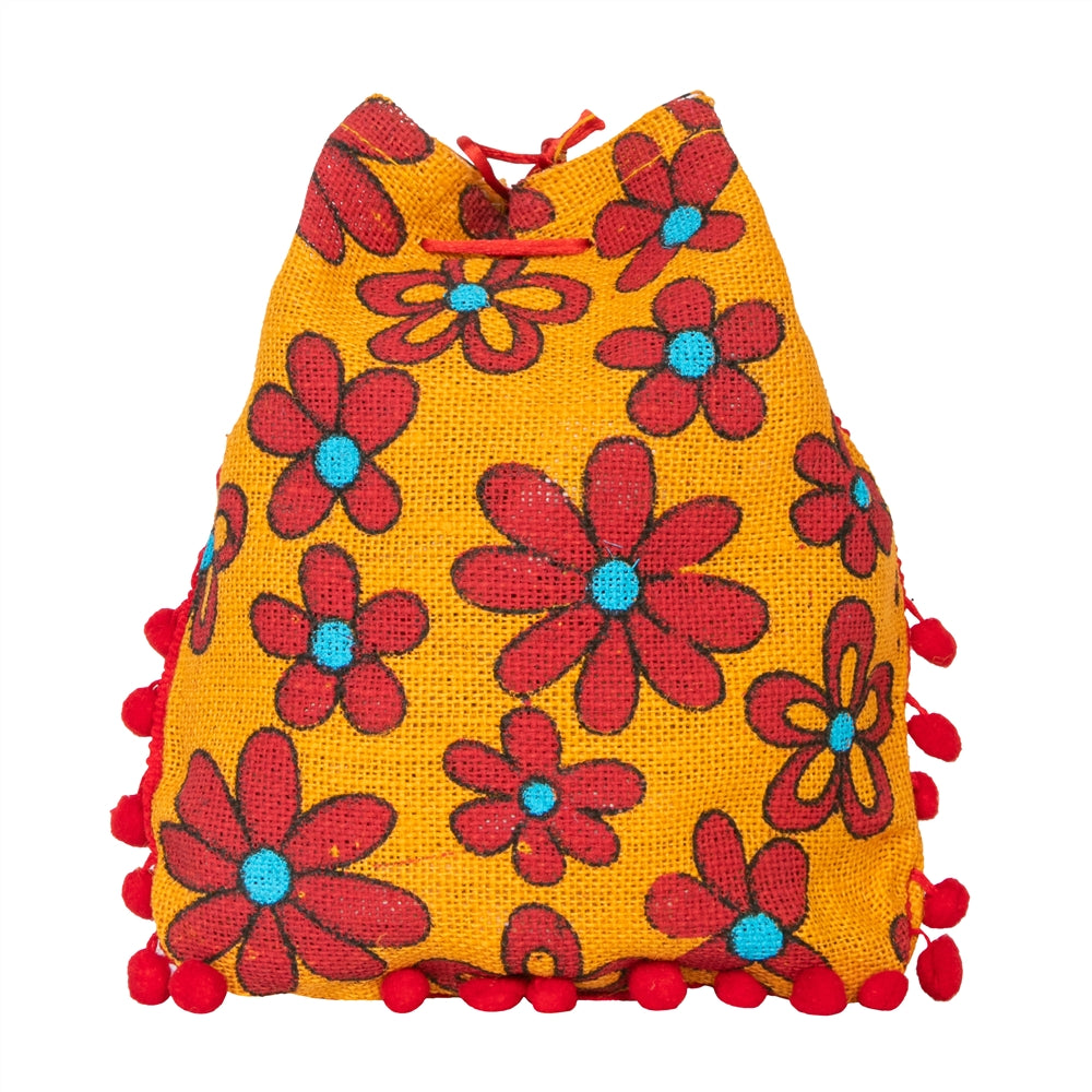 Floral Yellow Jute Potli Bag with Red Pom-Pom Lace — view 1