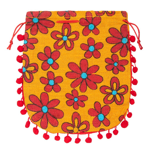Floral Yellow Jute Potli Bag with Red Pom-Pom Lace — view 2