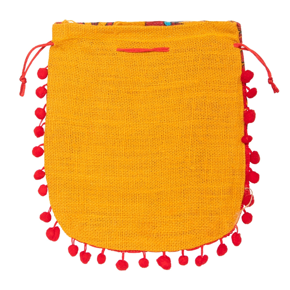 Floral Yellow Jute Potli Bag with Red Pom-Pom Lace — view 3
