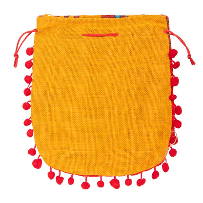 Floral Yellow Jute Potli Bag with Red Pom-Pom Lace — view 3
