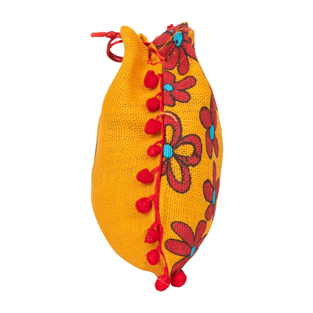 Floral Yellow Jute Potli Bag with Red Pom-Pom Lace — view 4