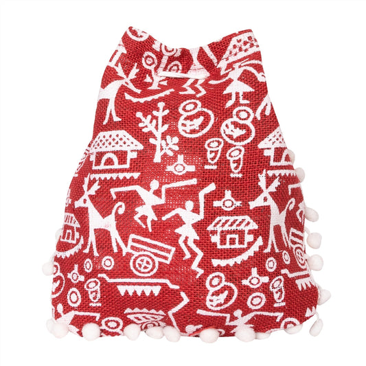 Red Warli Print Jute Potli Bag with White Pom-Pom Lace — view 1