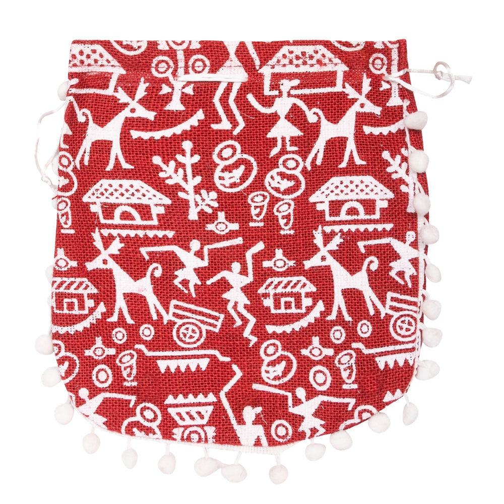 Red Warli Print Jute Potli Bag with White Pom-Pom Lace — view 2