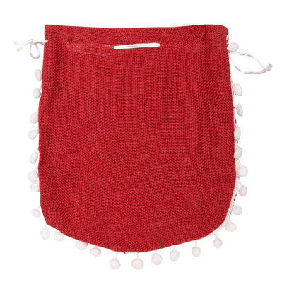 Red Warli Print Jute Potli Bag with White Pom-Pom Lace — view 3
