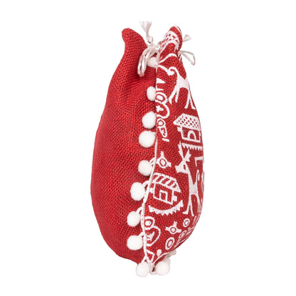 Red Warli Print Jute Potli Bag with White Pom-Pom Lace — view 4