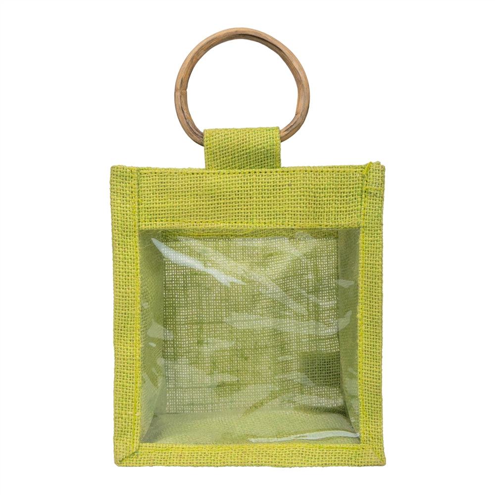 Olive Green Jute Window Gift Bag with Wooden Ring Handle — view 1