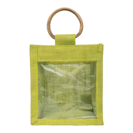 Olive Green Jute Window Gift Bag with Wooden Ring Handle — view 1