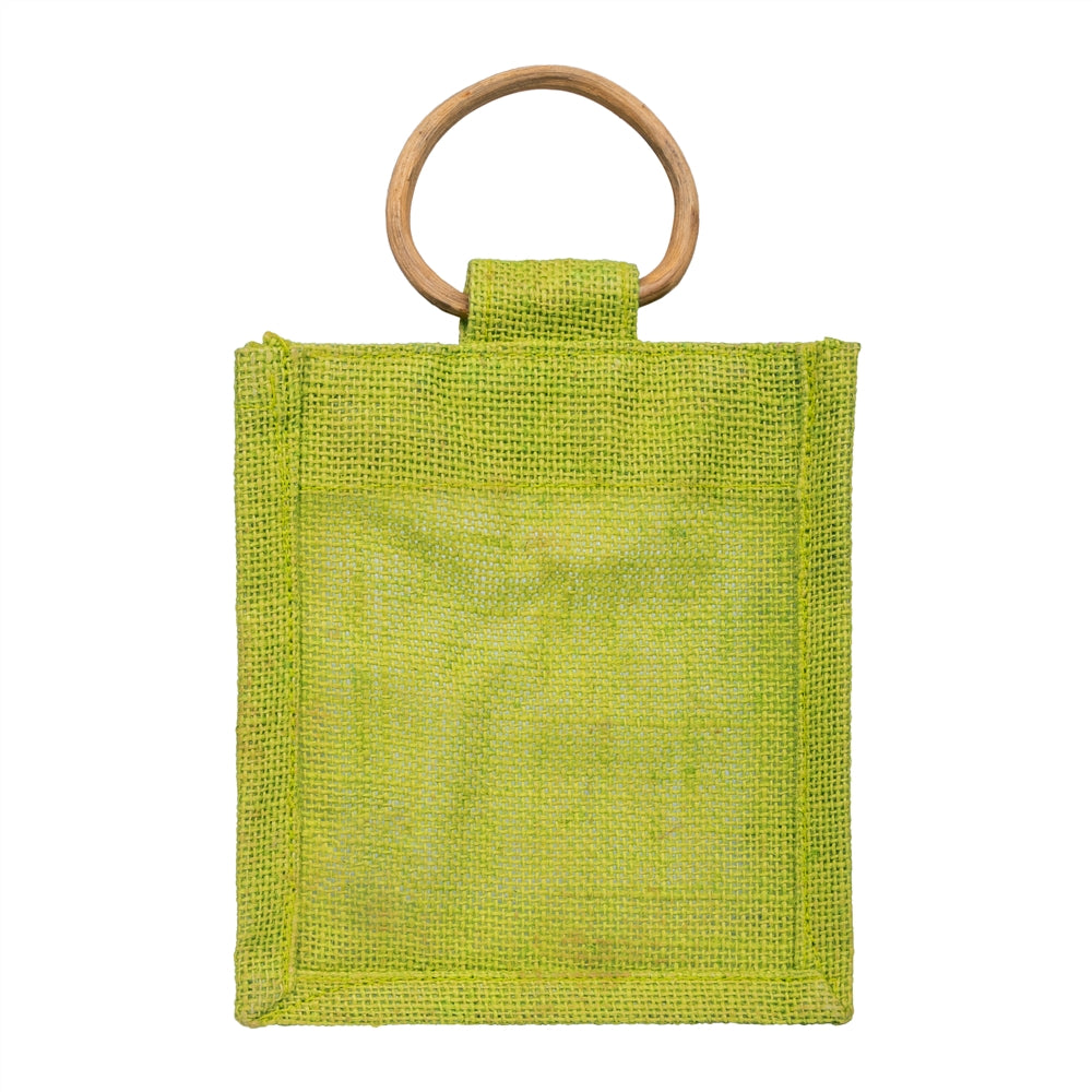Olive Green Jute Window Gift Bag with Wooden Ring Handle — view 2