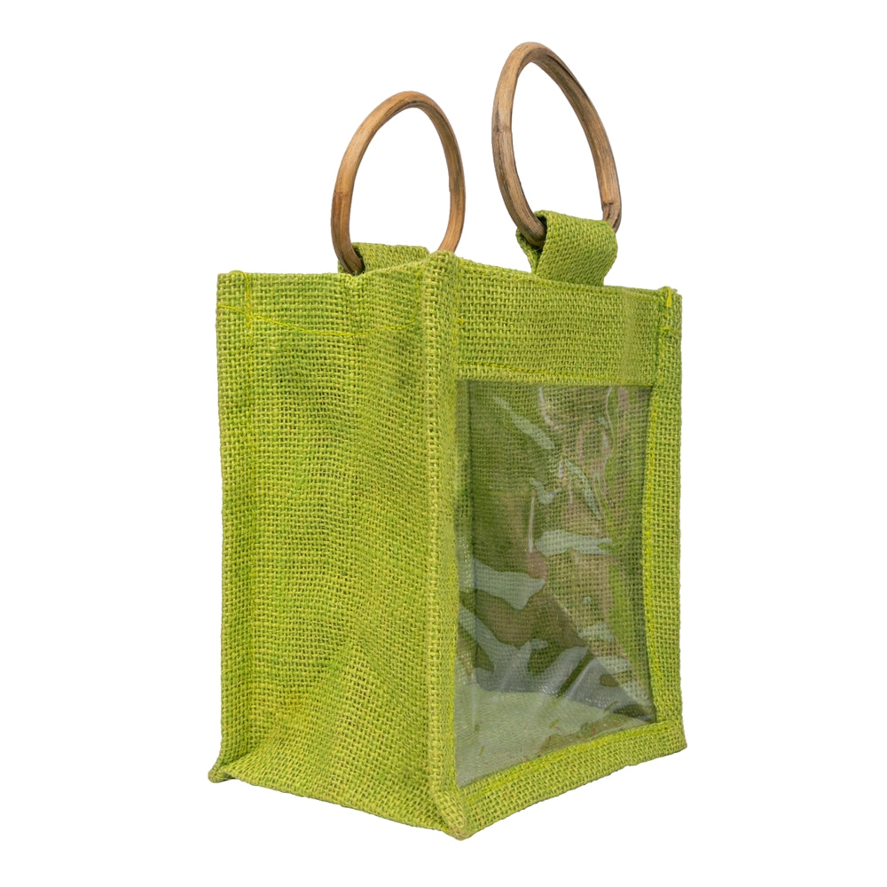 Olive Green Jute Window Gift Bag with Wooden Ring Handle — view 3