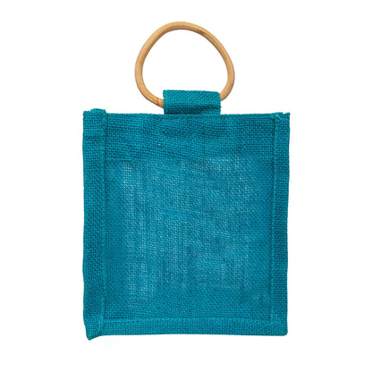 Teal Jute Window Gift Bag with Wooden Ring Handle — view 2