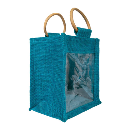 Teal Jute Window Gift Bag with Wooden Ring Handle — view 3