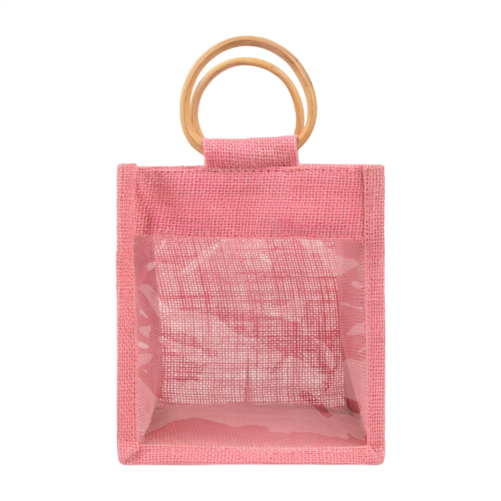 Pink Jute Window Hamper Bag with Wooden Handle – 7x6x3.5 Inch — view 1