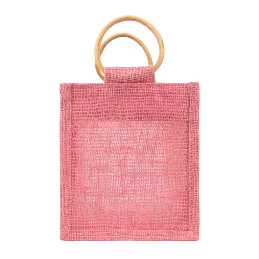 Pink Jute Window Hamper Bag with Wooden Handle – 7x6x3.5 Inch — view 2