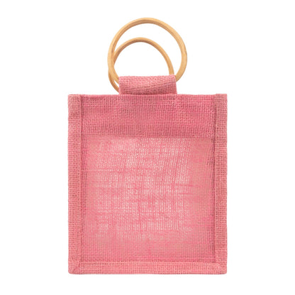 Pink Jute Window Hamper Bag with Wooden Handle – 7x6x3.5 Inch — view 2