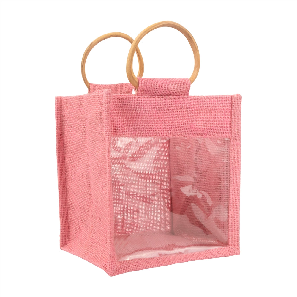 Pink Jute Window Hamper Bag with Wooden Handle – 7x6x3.5 Inch — view 3