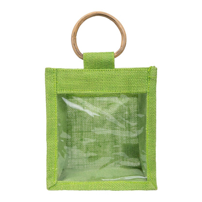 Lime Green Jute Window Gift Bag with Wooden Ring Handle — view 1