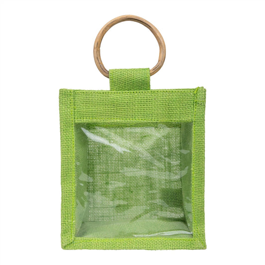 Lime Green Jute Window Gift Bag with Wooden Ring Handle — view 1