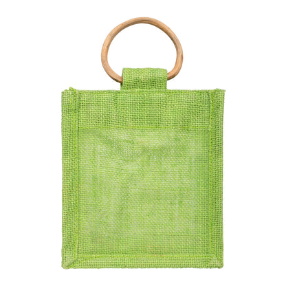 Lime Green Jute Window Gift Bag with Wooden Ring Handle — view 2