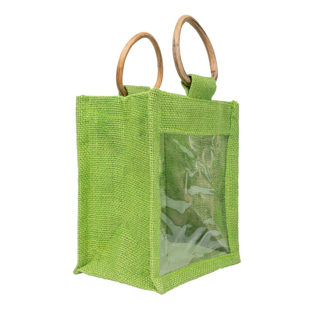 Lime Green Jute Window Gift Bag with Wooden Ring Handle — view 3