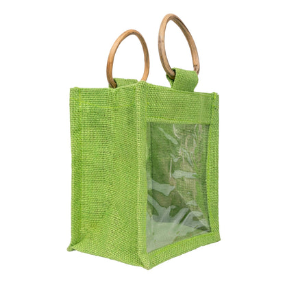 Lime Green Jute Window Gift Bag with Wooden Ring Handle — view 3