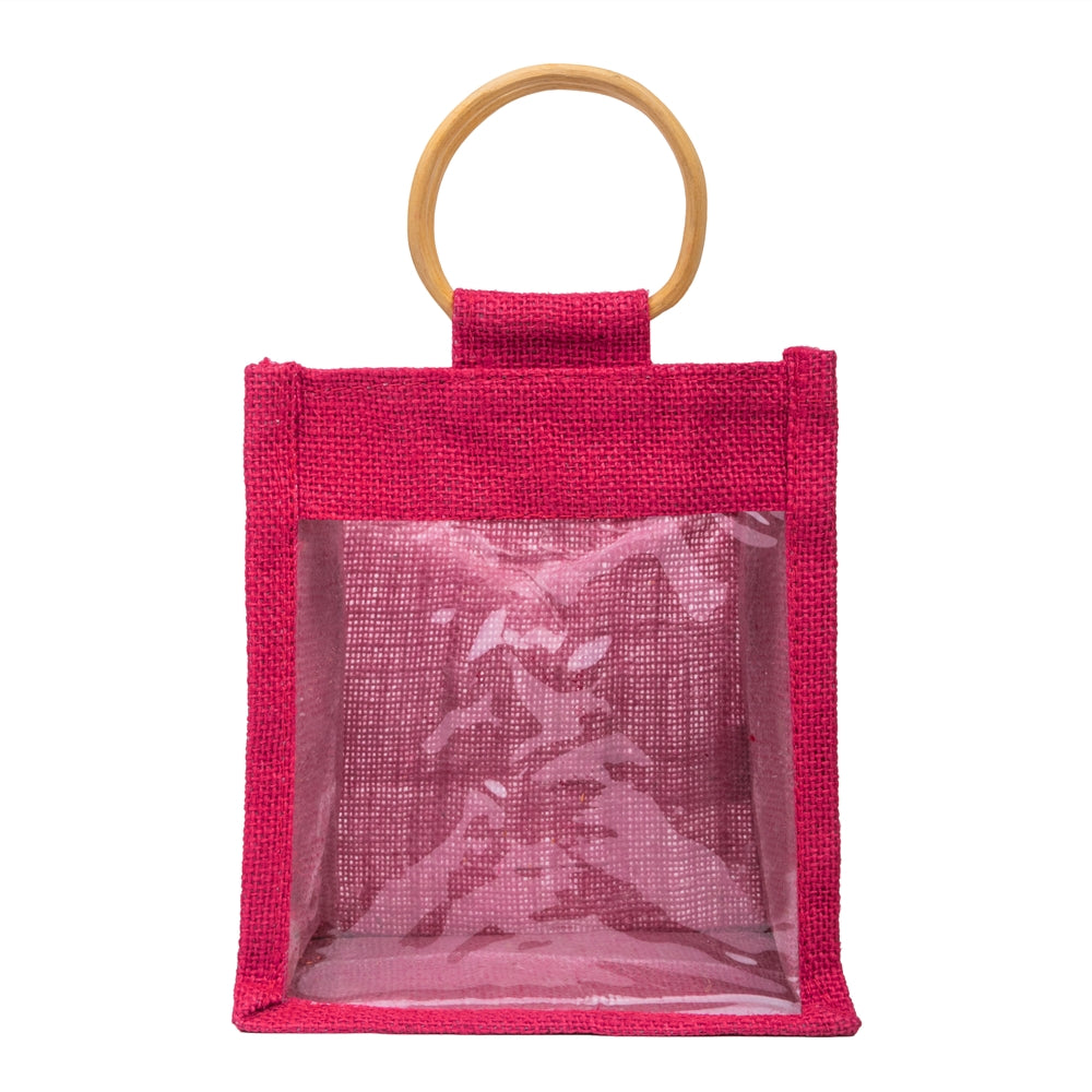 Hot Pink Jute Window Gift Bag with Wooden Ring Handle — view 1