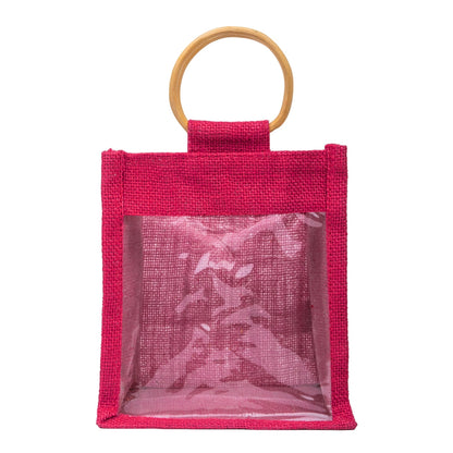 Hot Pink Jute Window Gift Bag with Wooden Ring Handle — view 1