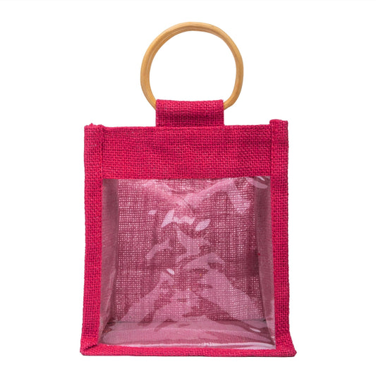 Hot Pink Jute Window Gift Bag with Wooden Ring Handle — view 1