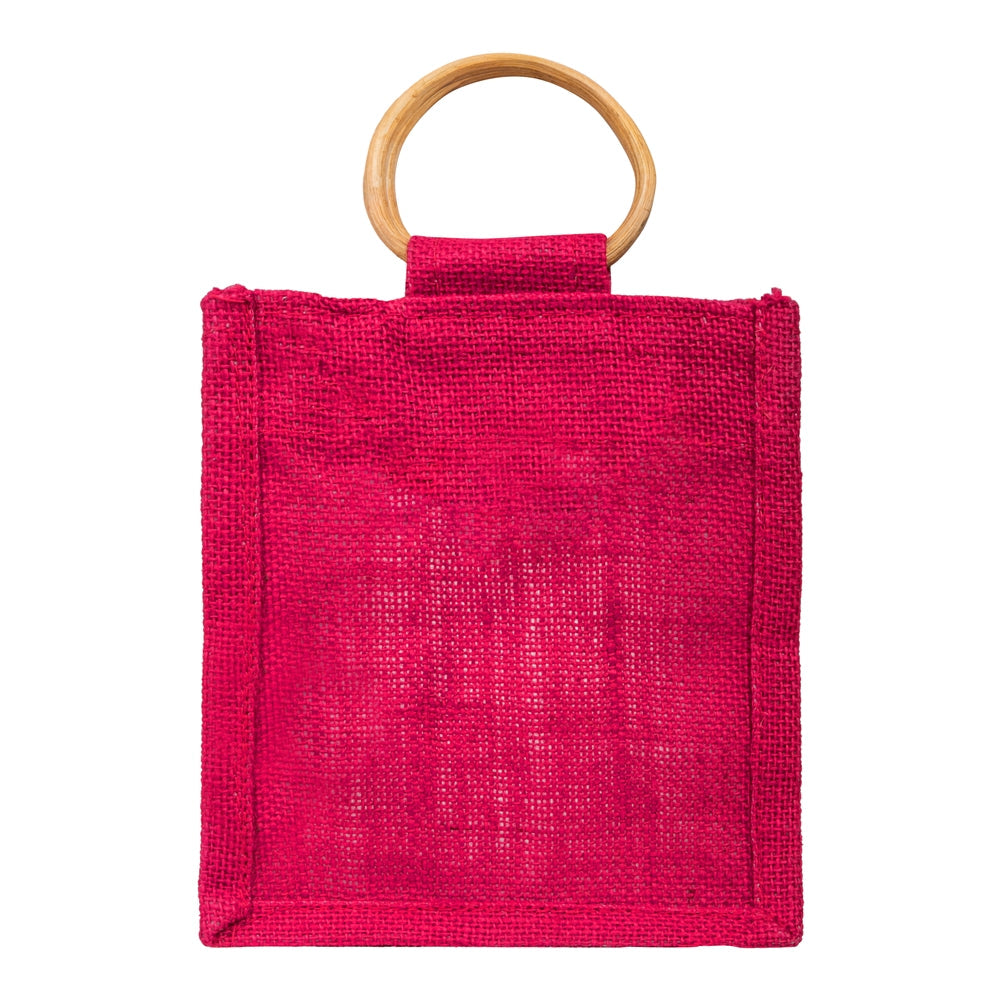 Hot Pink Jute Window Gift Bag with Wooden Ring Handle — view 2