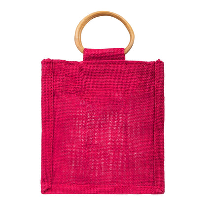 Hot Pink Jute Window Gift Bag with Wooden Ring Handle — view 2