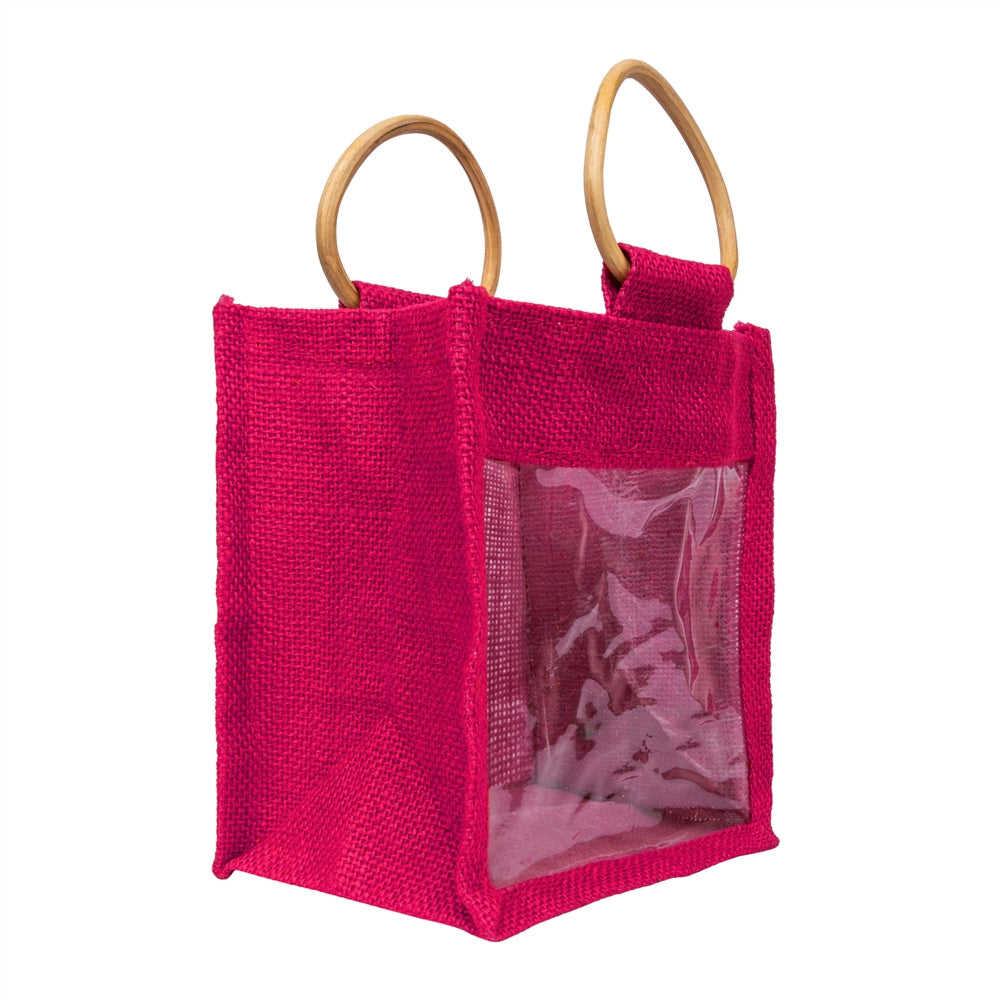 Hot Pink Jute Window Gift Bag with Wooden Ring Handle — view 3