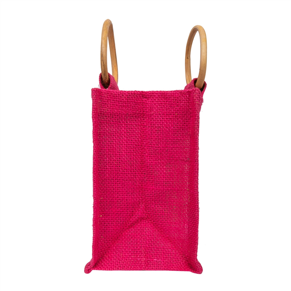 Hot Pink Jute Window Gift Bag with Wooden Ring Handle — view 4