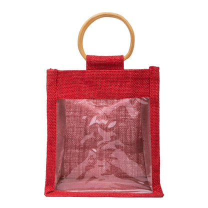 Classic Red Jute Window Gift Bag with Wooden Ring Handle — view 1