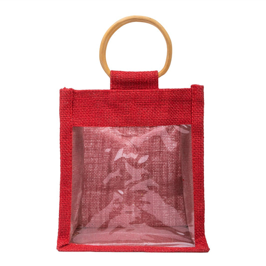 Classic Red Jute Window Gift Bag with Wooden Ring Handle — view 1