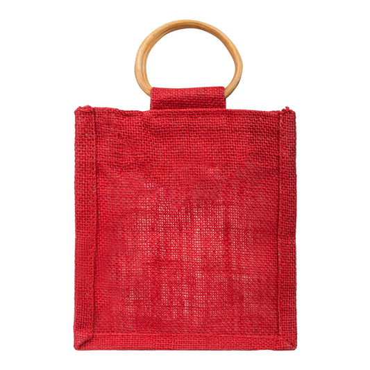 Classic Red Jute Window Gift Bag with Wooden Ring Handle — view 2