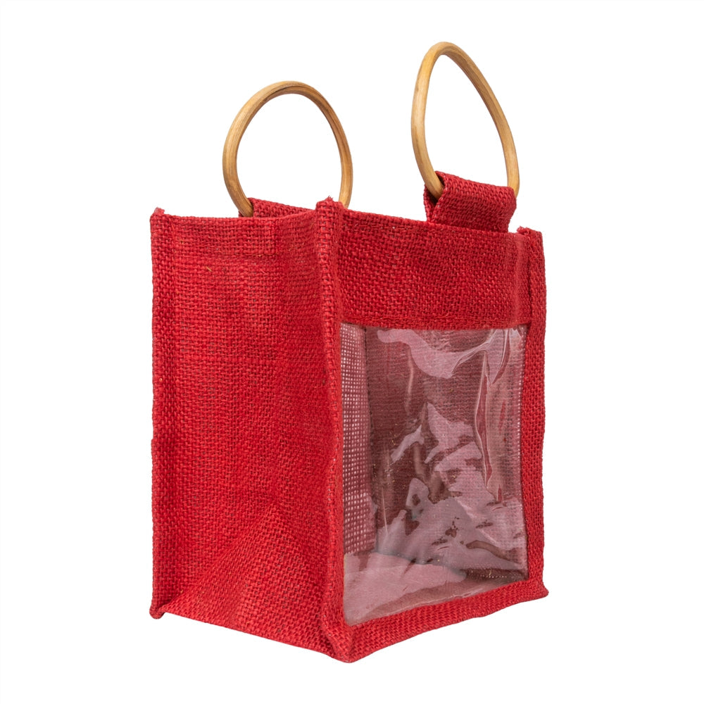 Classic Red Jute Window Gift Bag with Wooden Ring Handle — view 3